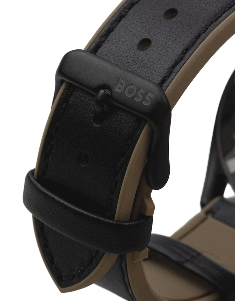 Centre Court Black Leather Strap Watch Black