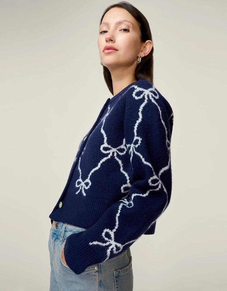 August Bow Check Cardigan in Navy