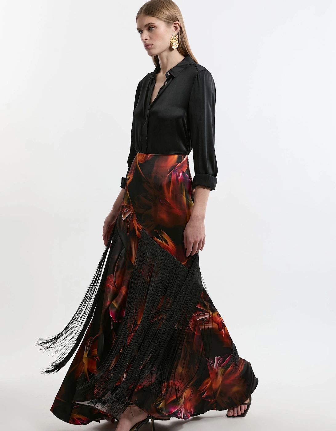 Floral Heavy Satin Panelled Fringed Woven Maxi Skirt, 2 of 1