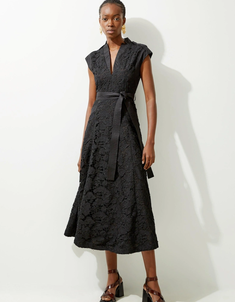 Lace And Cotton Mix Woven Midi Dress