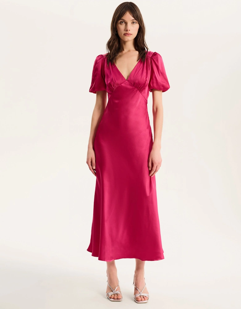 Rosie Ruched Puff Sleeve Dress in Magenta