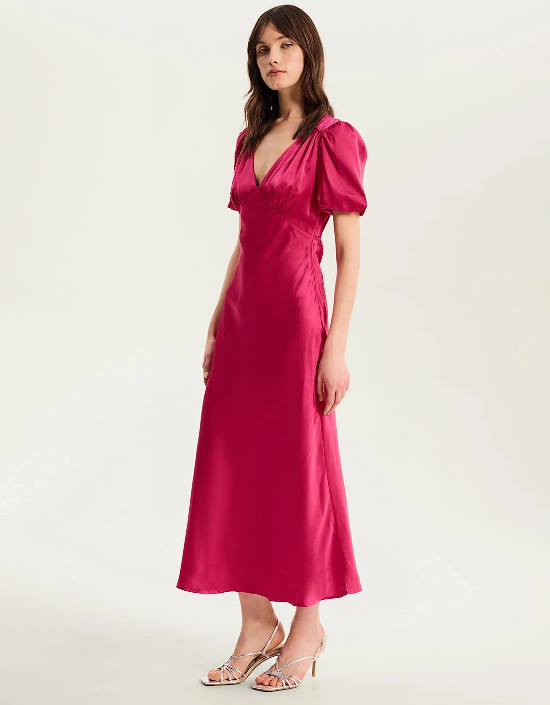 Rosie Ruched Puff Sleeve Dress in Magenta