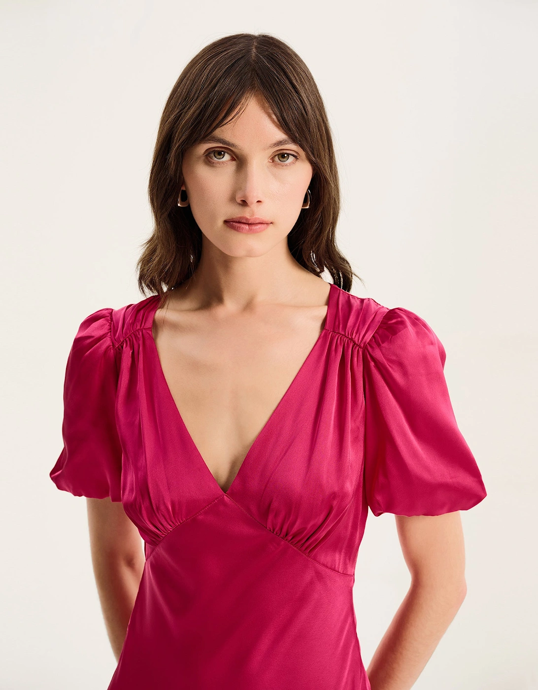 Rosie Ruched Puff Sleeve Dress in Magenta