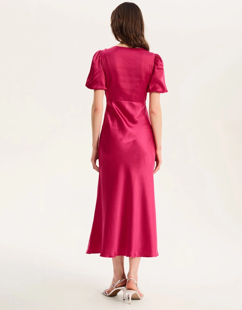 Rosie Ruched Puff Sleeve Dress in Magenta
