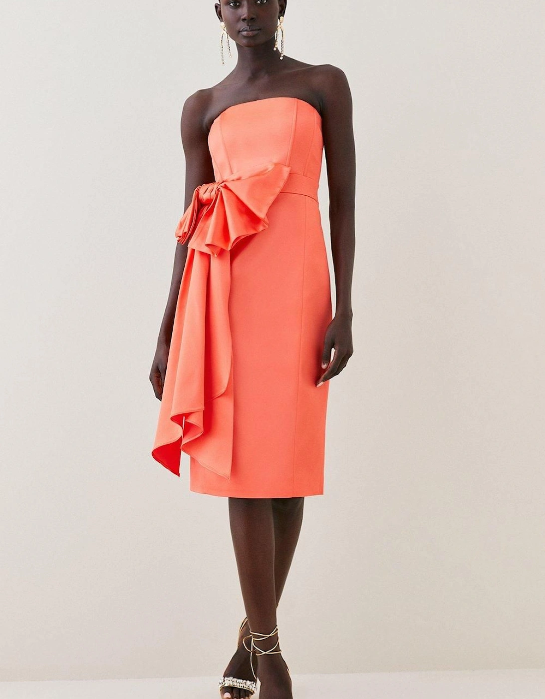 Italian Structured Satin Bandeau Bow Detail Pencil Midi Dress, 2 of 1