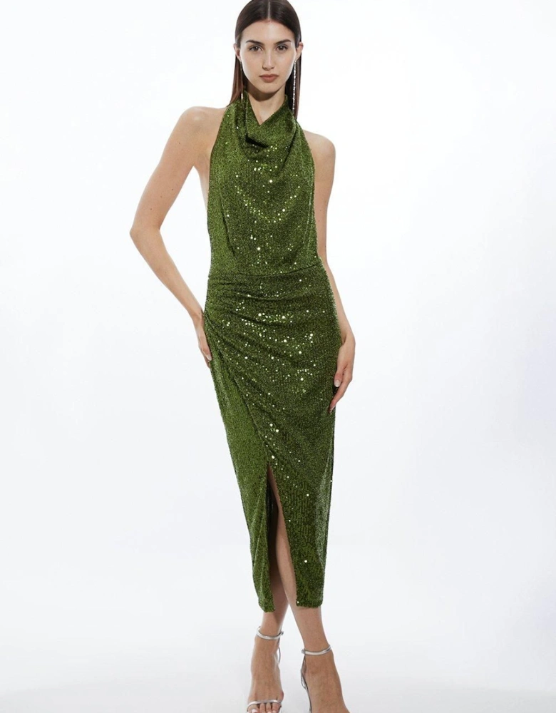 Halterneck Sequin Jersey Side Split Maxi Dress
