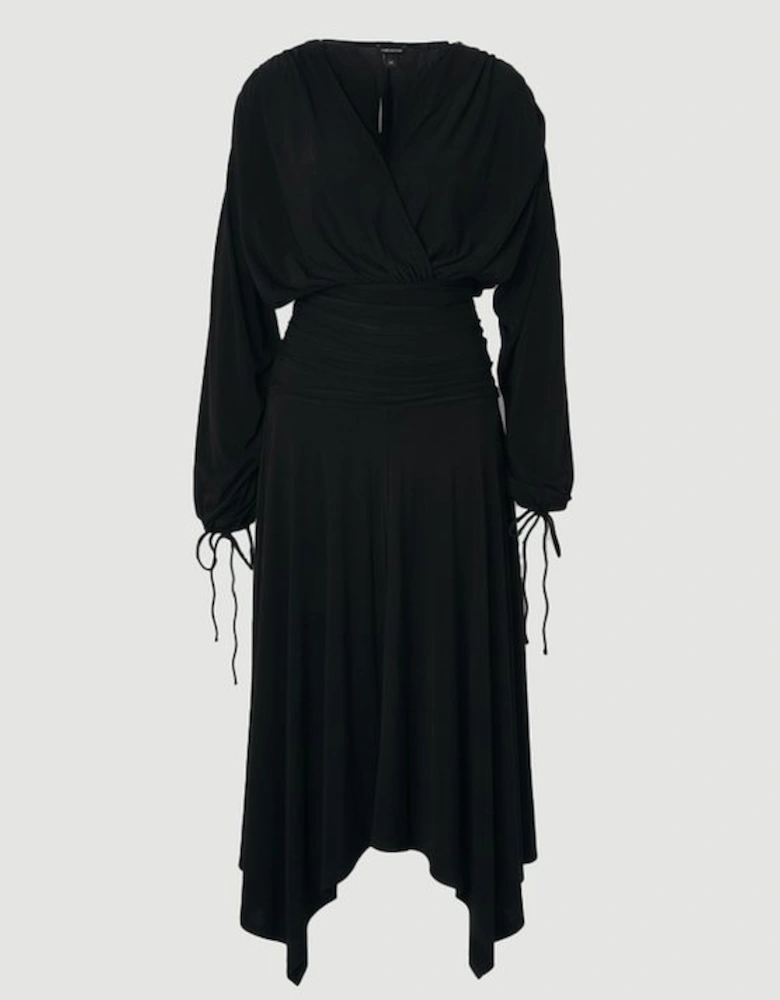 Stretch Drapey Crepe Ruched Plunge Neck Batwing Sleeve Maxi Dress