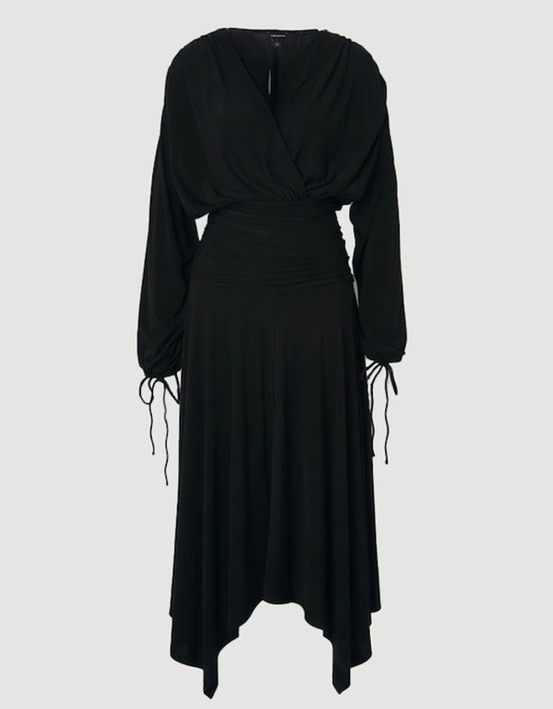 Stretch Drapey Crepe Ruched Plunge Neck Batwing Sleeve Maxi Dress