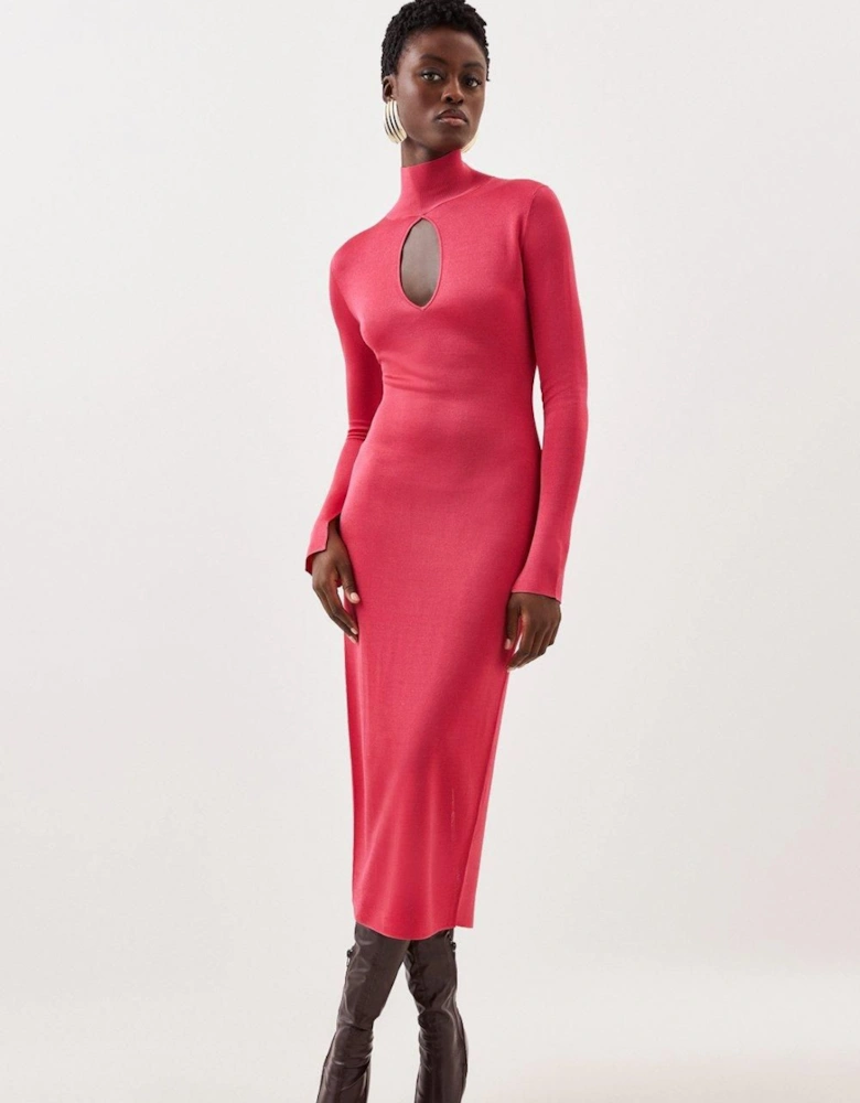 Slinky Viscose  High Neck Keyhole Knit Midi Dress