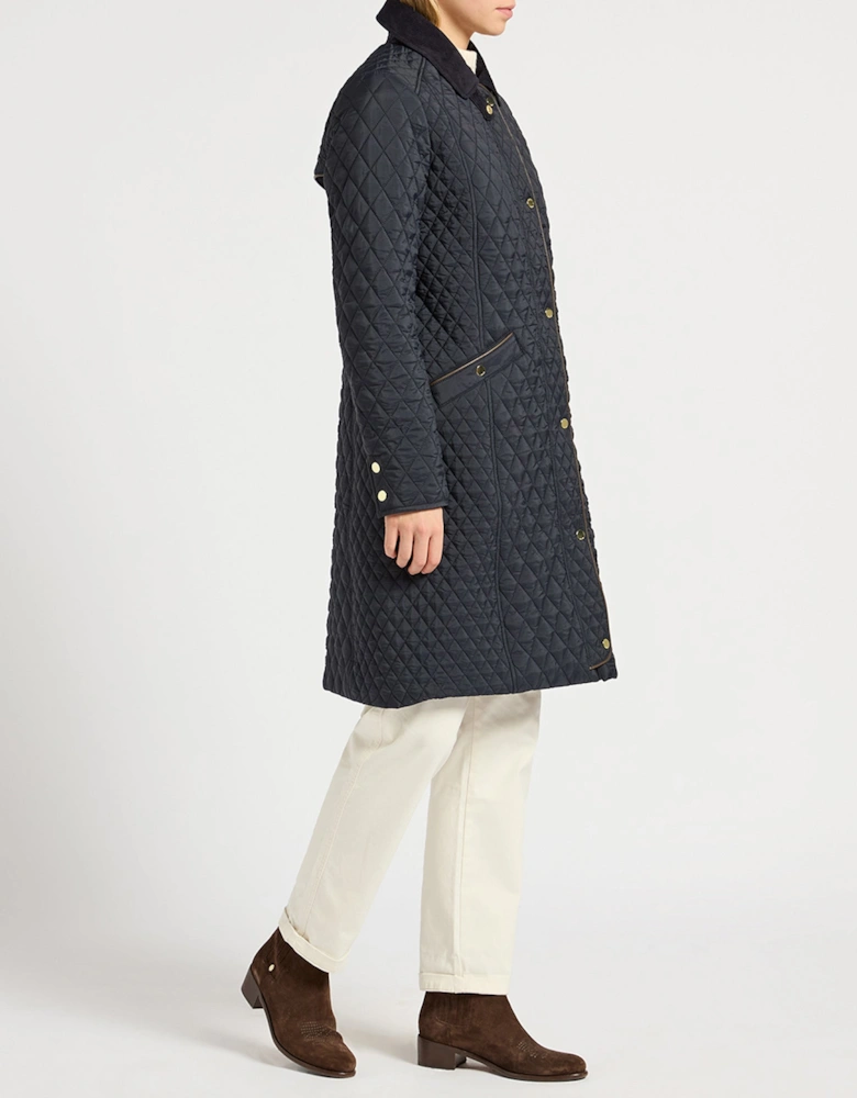 ROSEWELL Longline Quilted Showerproof Coat with Collar Navy