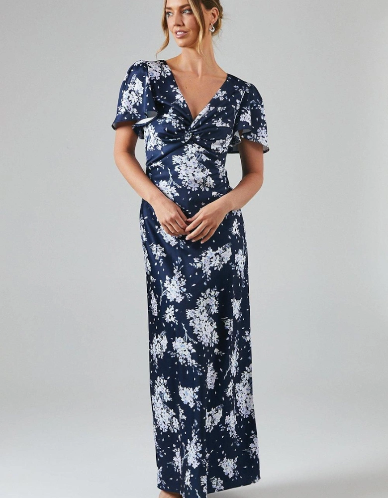 Midnight Bloom Printed Satin Twist Front Angel Sleeve Maxi Bridesmaid Dress