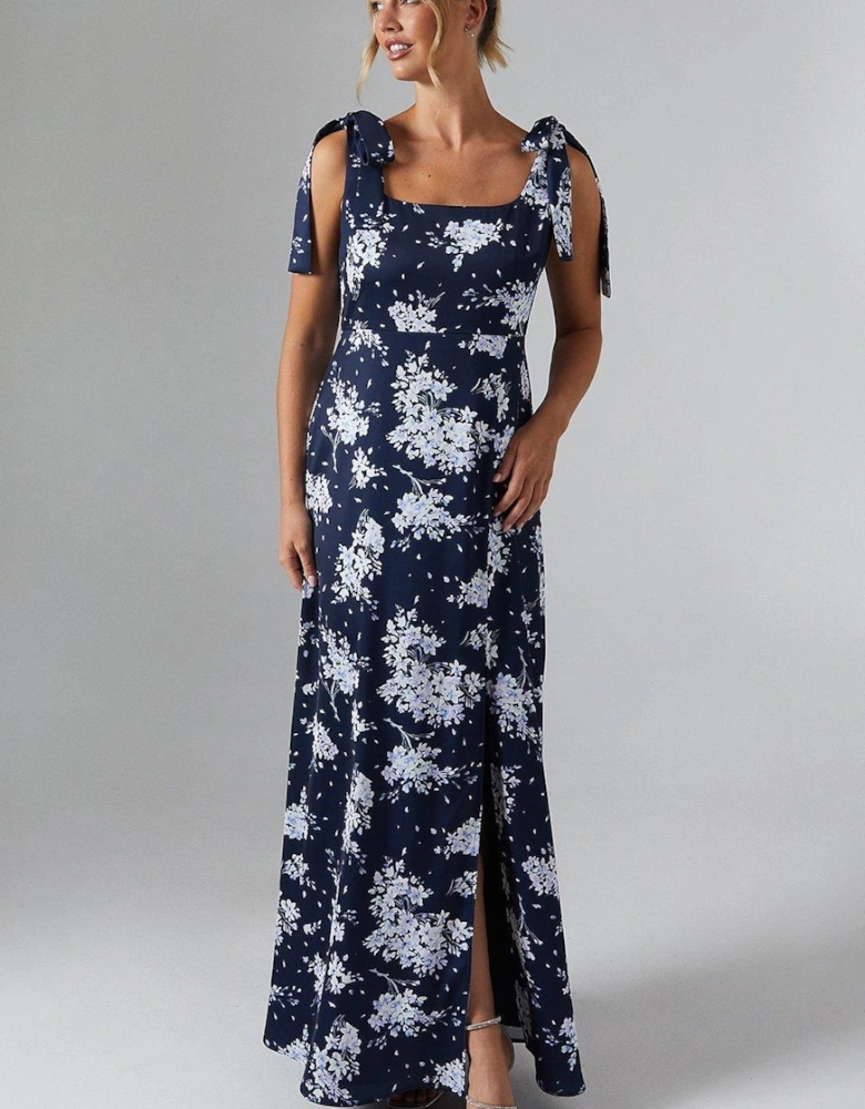 Midnight Bloom Printed Satin Tie Shoulder Maxi Bridesmaid Dress