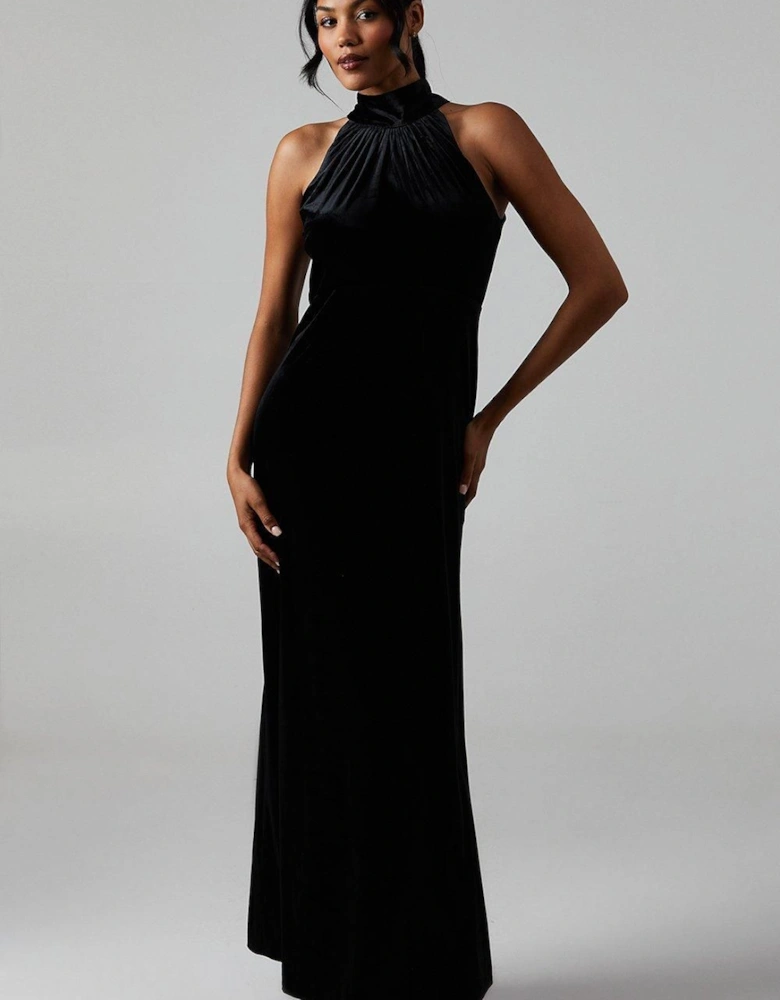Velvet Halter Bias Cut Maxi Bridesmaid Dress