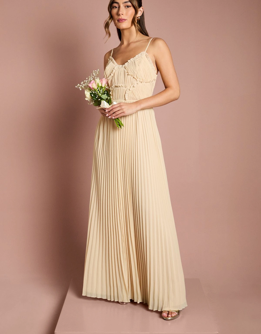 Strappy Pleated Bridesmaid Dress With Ruffle Detail, 2 of 1
