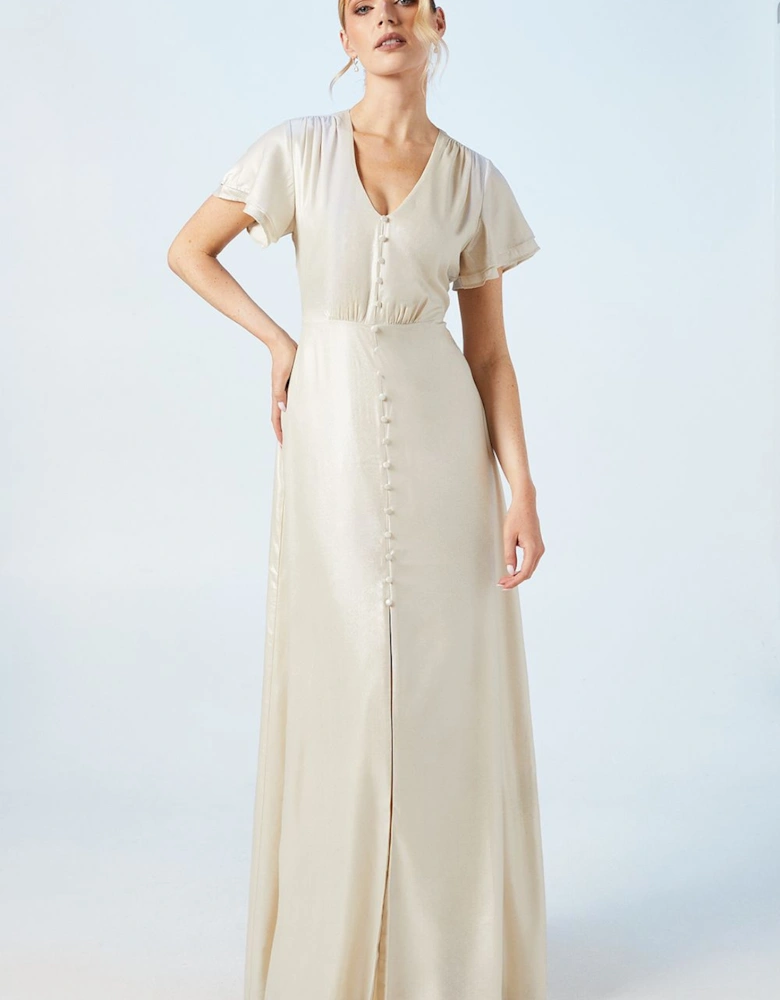 Champagne Shimmer Flutter Sleeve Maxi Wedding Dress