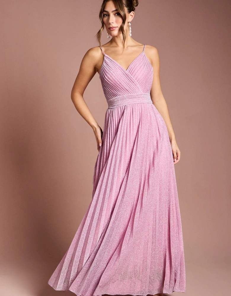 V neck Cami Shimmer Pleated Maxi Dress