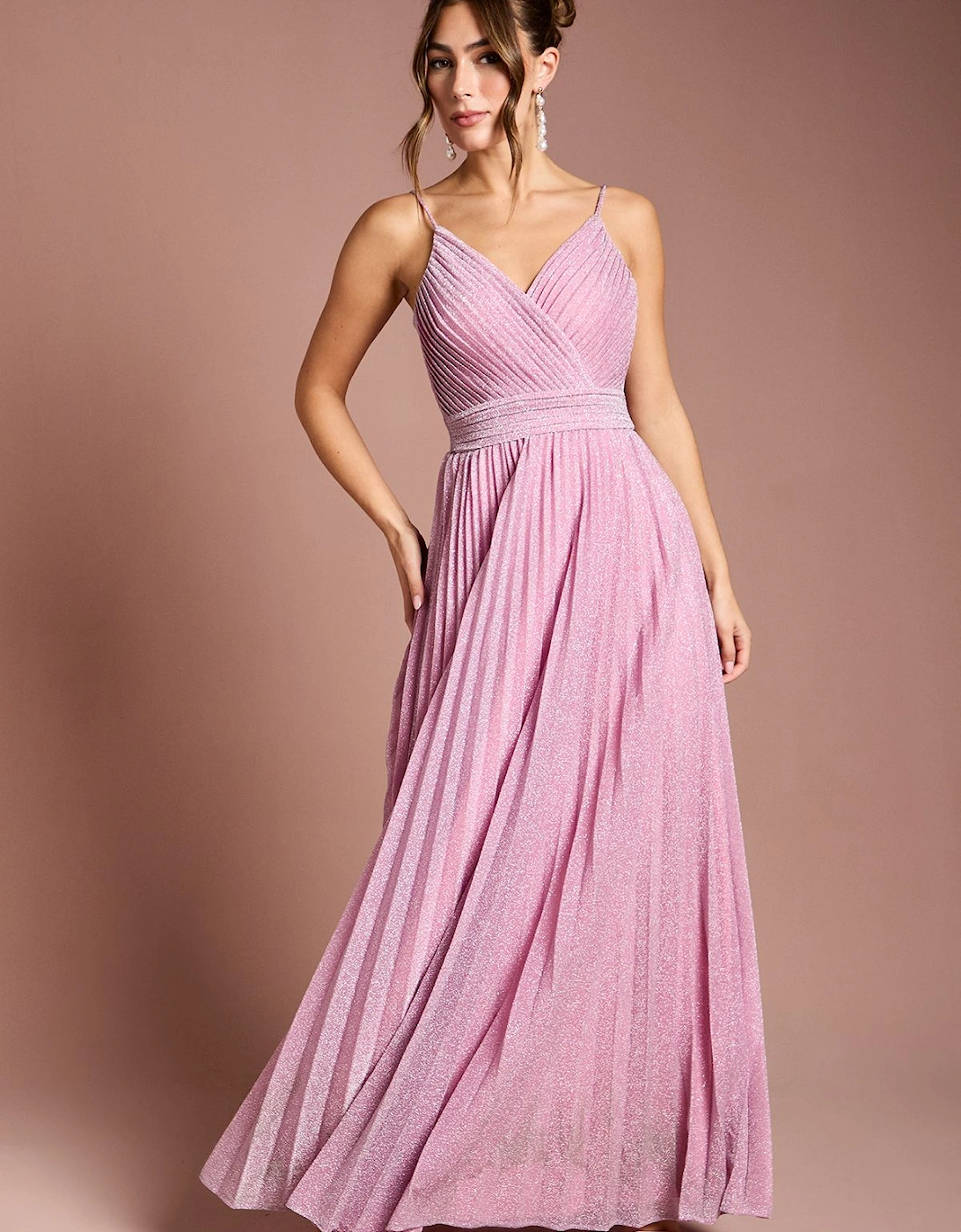 V neck Cami Shimmer Pleated Maxi Dress, 2 of 1