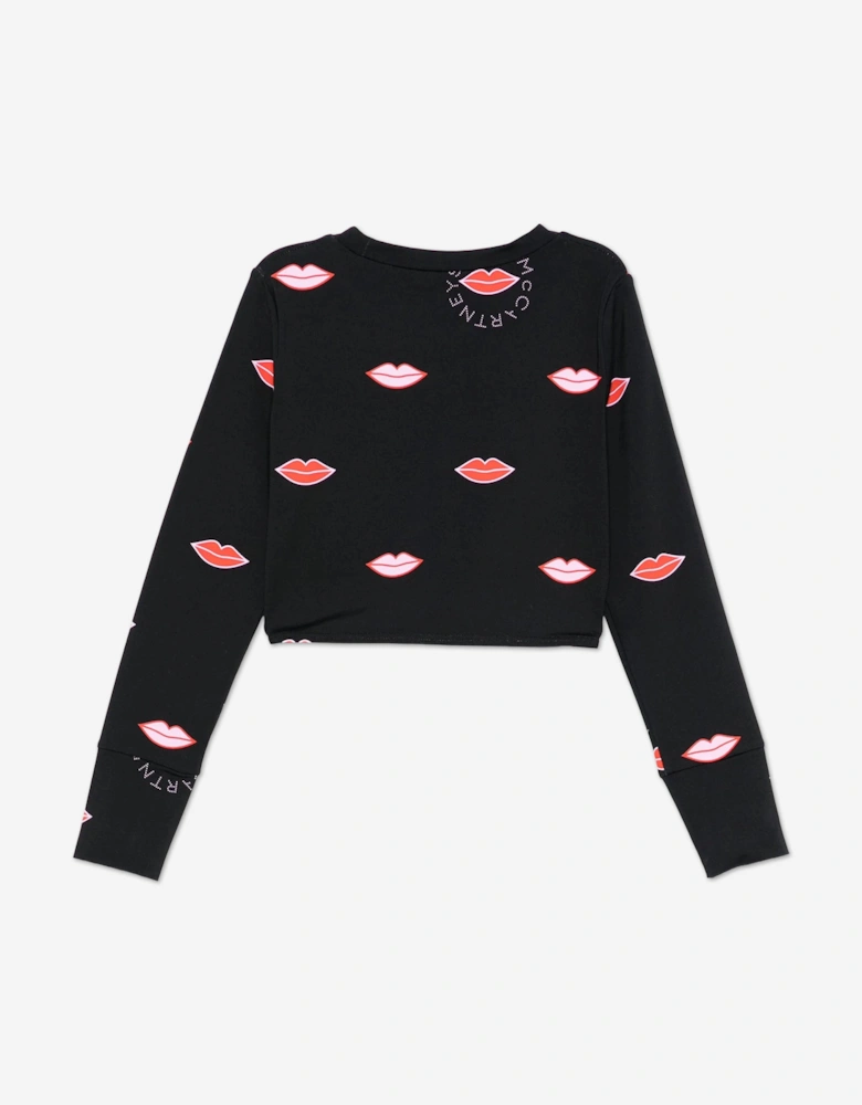 Girls Long Sleeve Lips AOP Top in Black