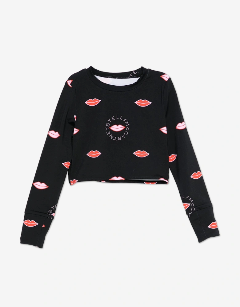Girls Long Sleeve Lips AOP Top in Black