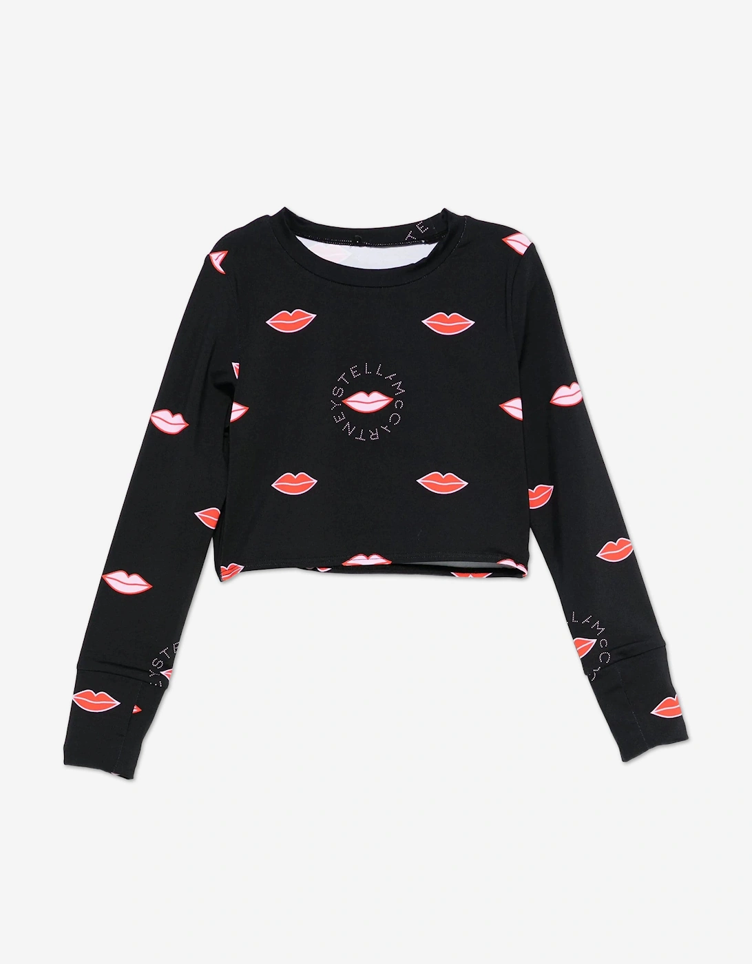 Girls Long Sleeve Lips AOP Top in Black, 4 of 3
