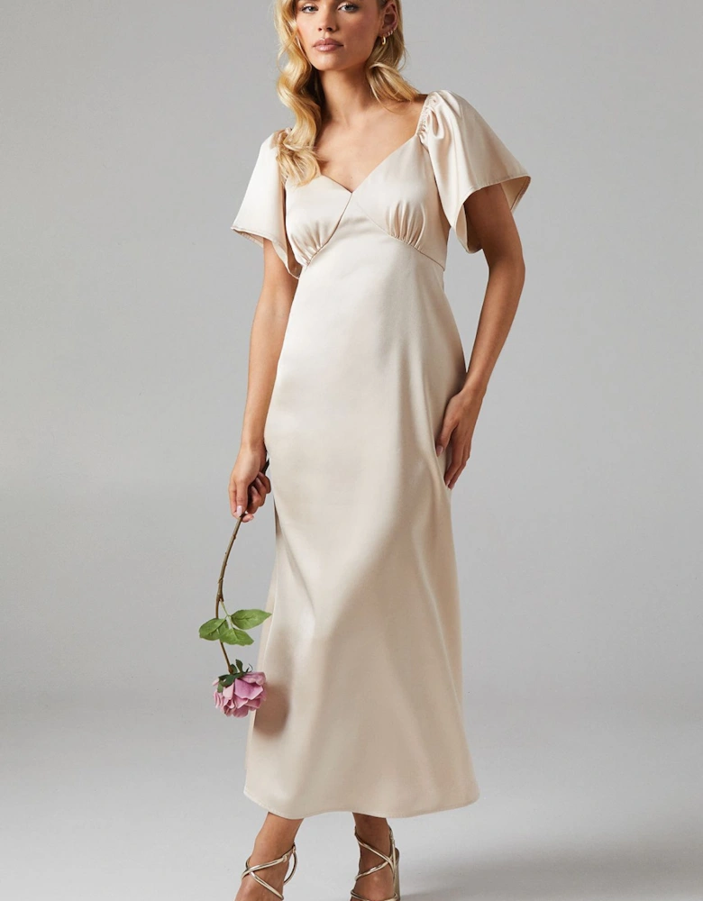 Petite Angel Sleeve Satin Bridesmaid Midi Dress