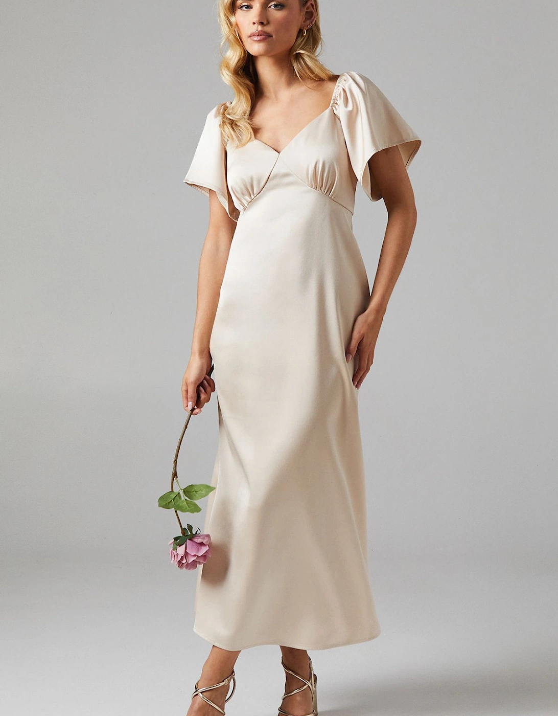 Petite Angel Sleeve Satin Bridesmaid Midi Dress, 2 of 1