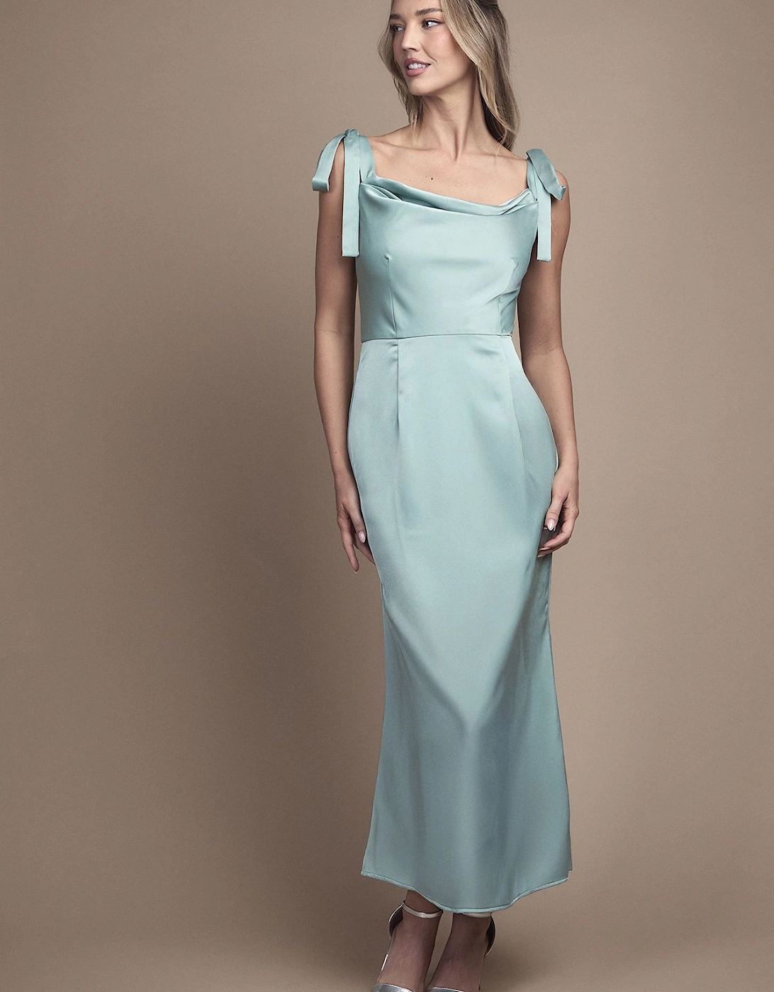 Satin Tie Shoulder Cowl Front Midi Bridesmaid Dress, 2 of 1