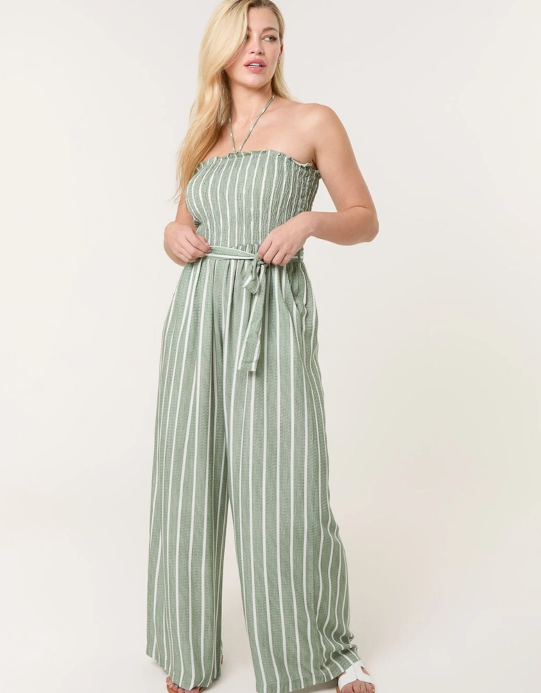 Light Green Shirred Tie Neck Jumpsuit