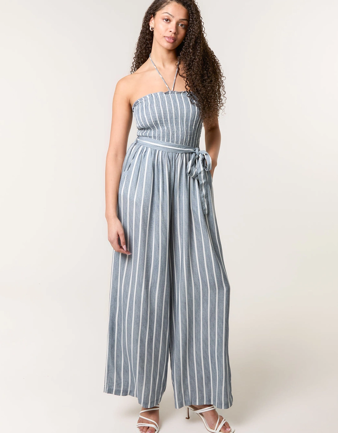 Blue Shirred Tie Neck Jumpsuit, 2 of 1