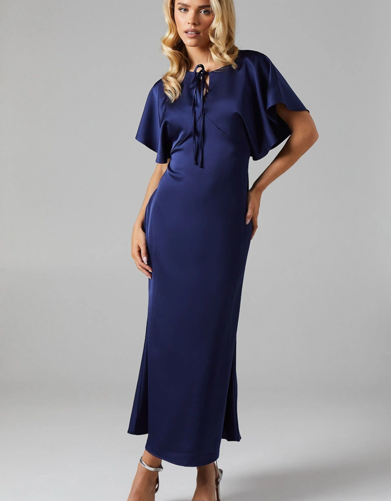Petite Cape Sleeve Satin Bridesmaid Midi Dress