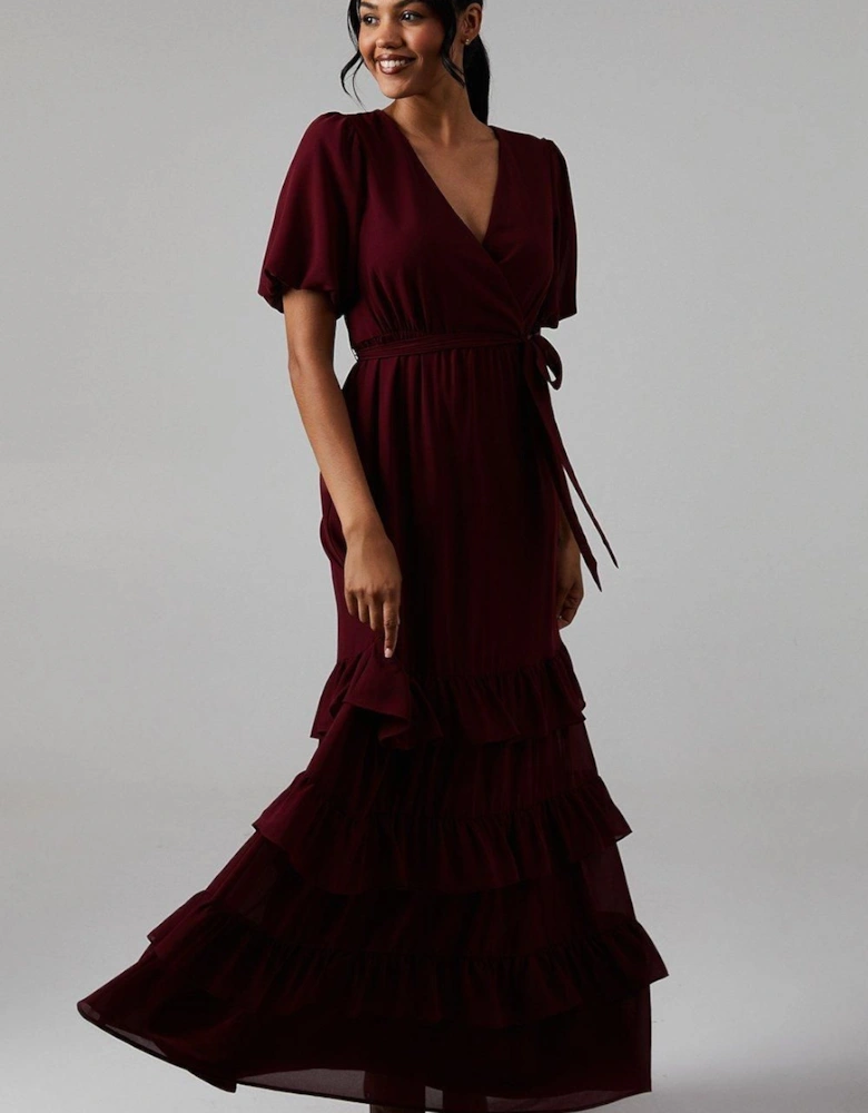 V Neck Puff Sleeve Tiered Georgette Bridesmaid Dress