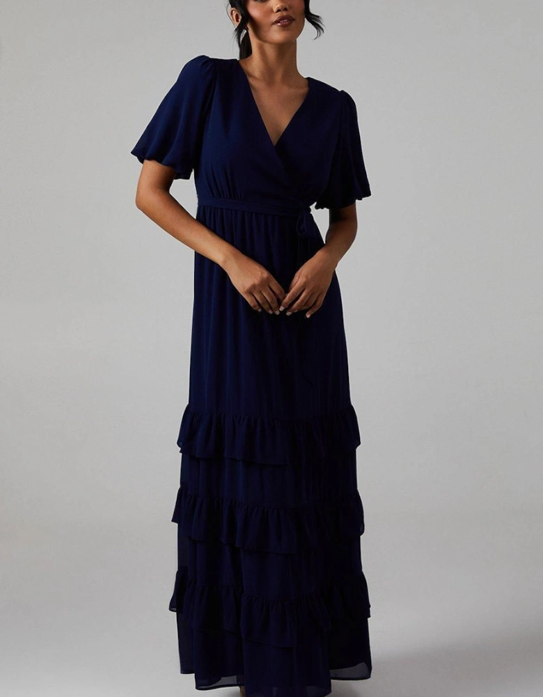 V Neck Puff Sleeve Tiered Georgette Bridesmaid Dress