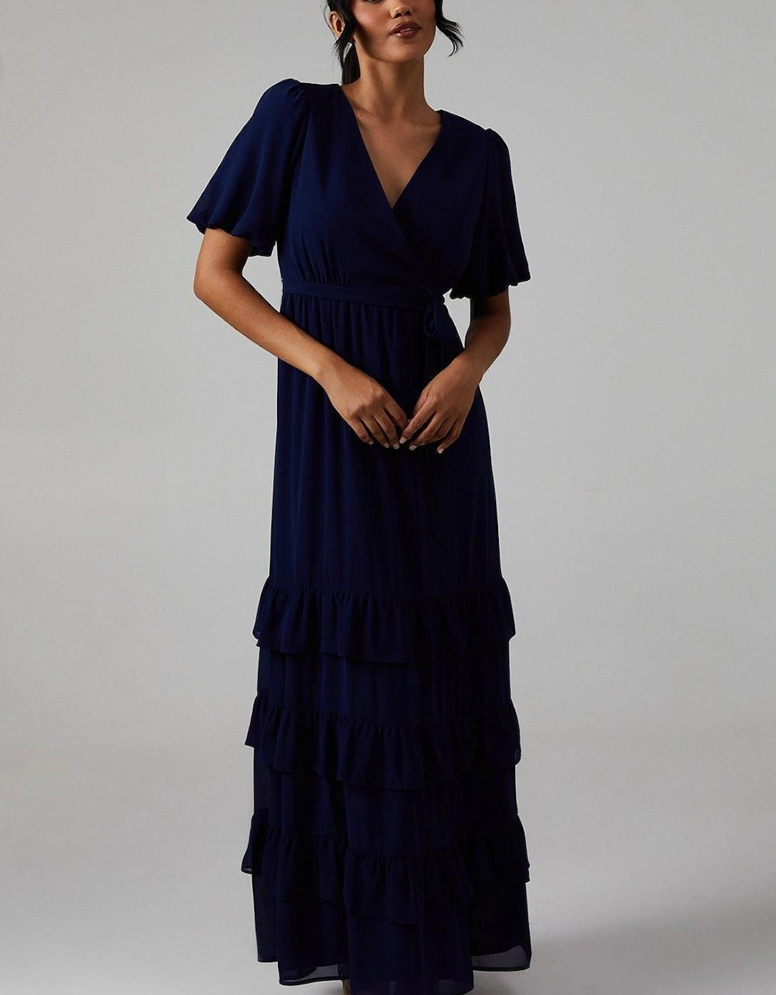 V Neck Puff Sleeve Tiered Georgette Bridesmaid Dress, 2 of 1