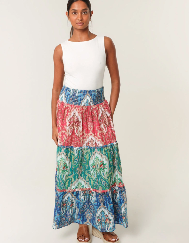 Multi Paisley Printed Shirred Waist Maxi Skirt