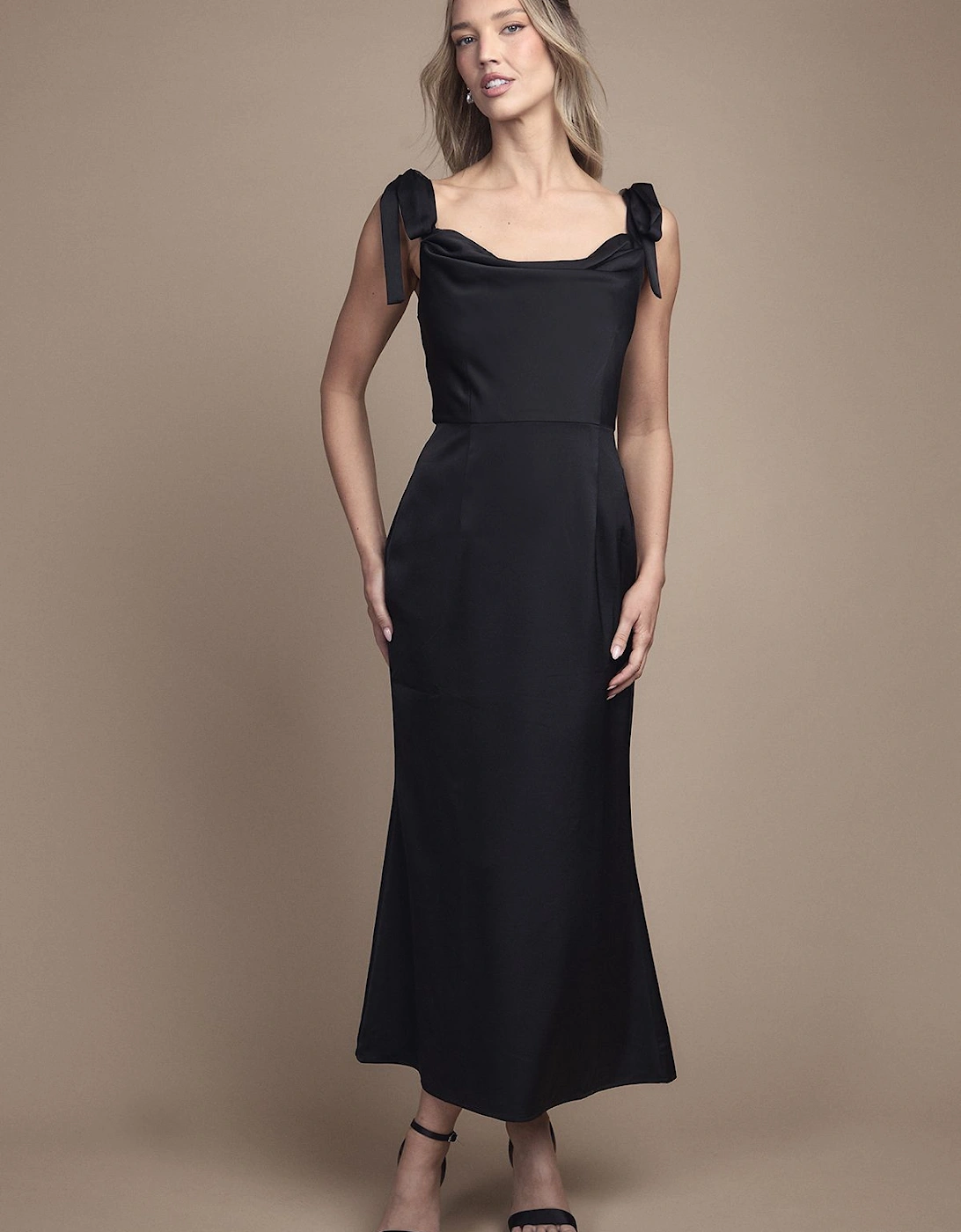 Satin Tie Shoulder Cowl Front Midi Bridesmaid Dress, 2 of 1
