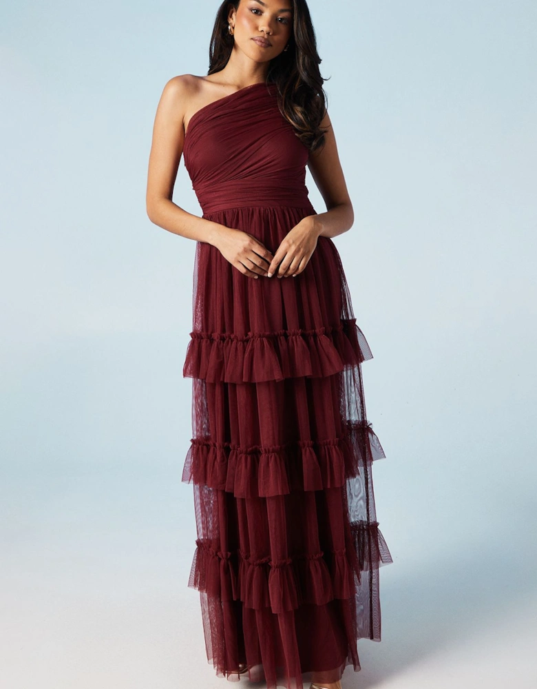 Pleated Mesh One Shoulder Tiered Maxi Bridesmaid Maxi Dress