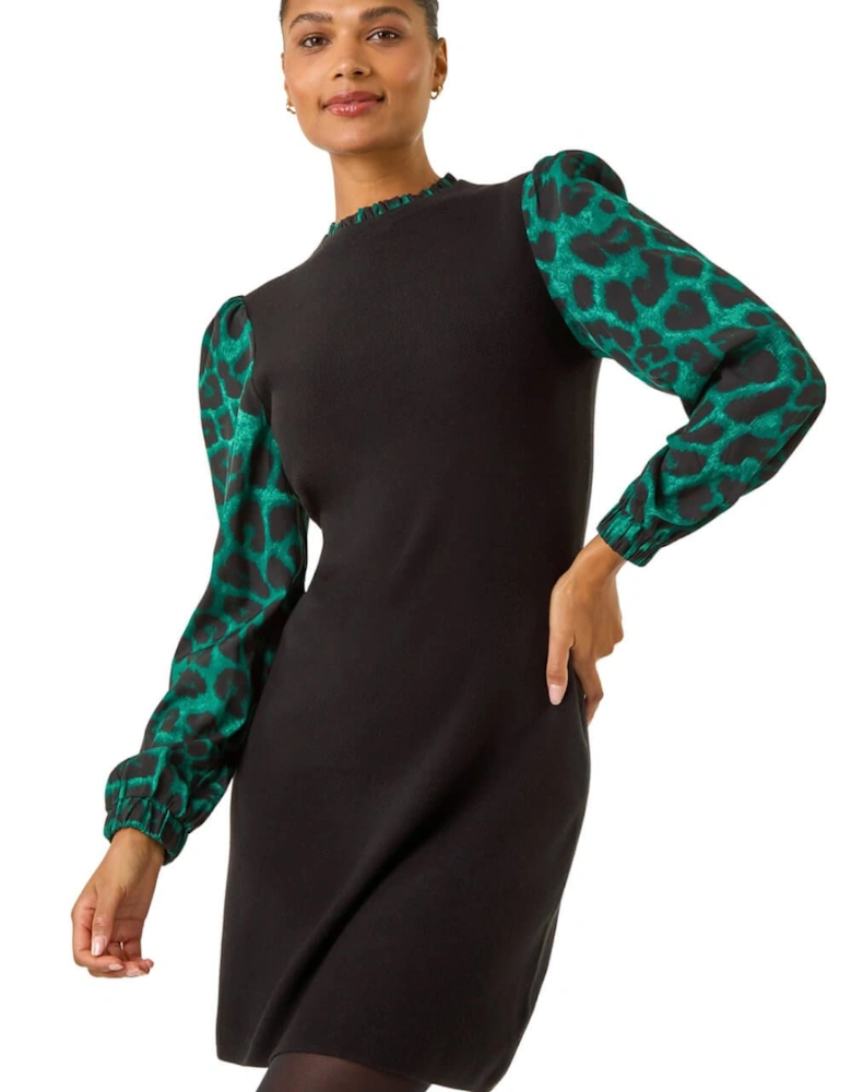 Animal Print Mix Frill Short Dress