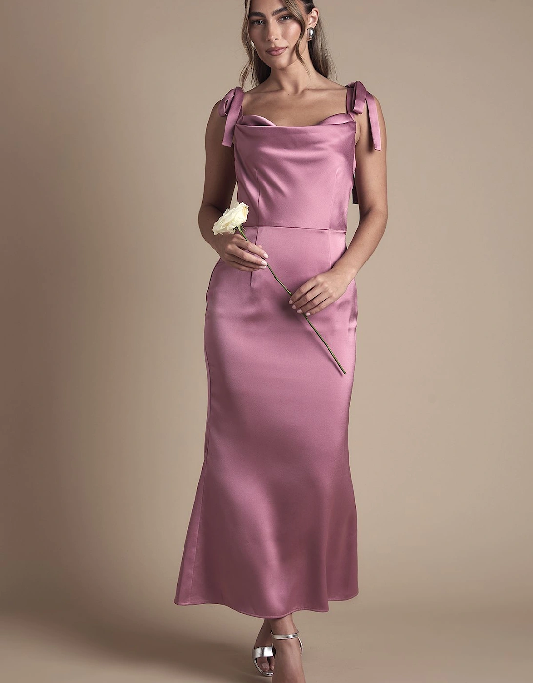 Satin Tie Shoulder Cowl Front Midi Bridesmaid Dress, 2 of 1