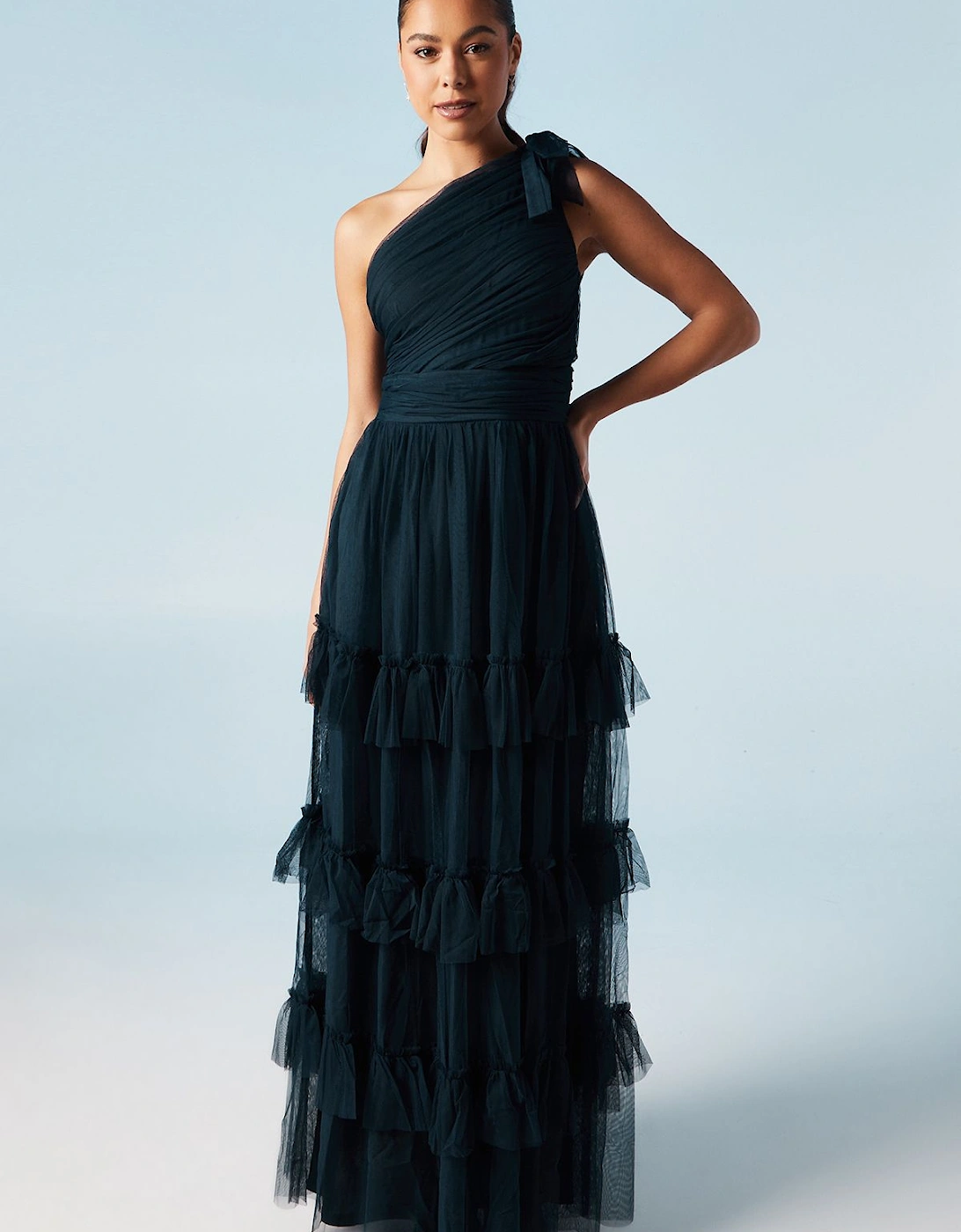 Pleated Mesh One Shoulder Tiered Maxi Bridesmaid Maxi Dress, 2 of 1