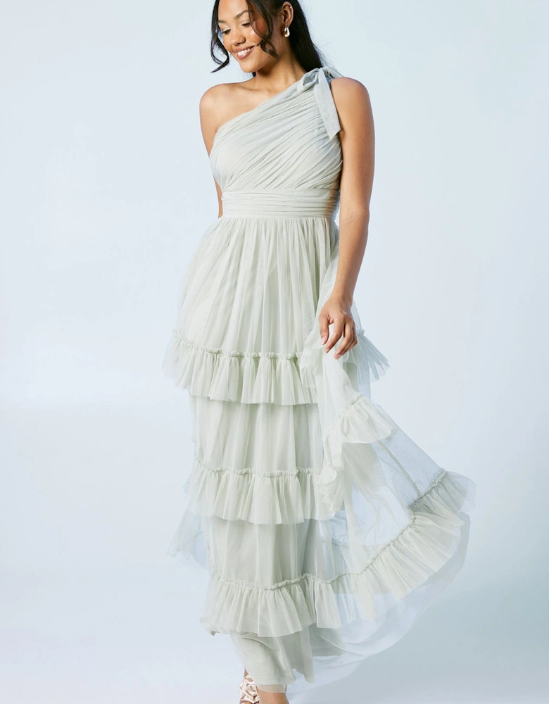 Pleated Mesh One Shoulder Tiered Maxi Bridesmaid Maxi Dress