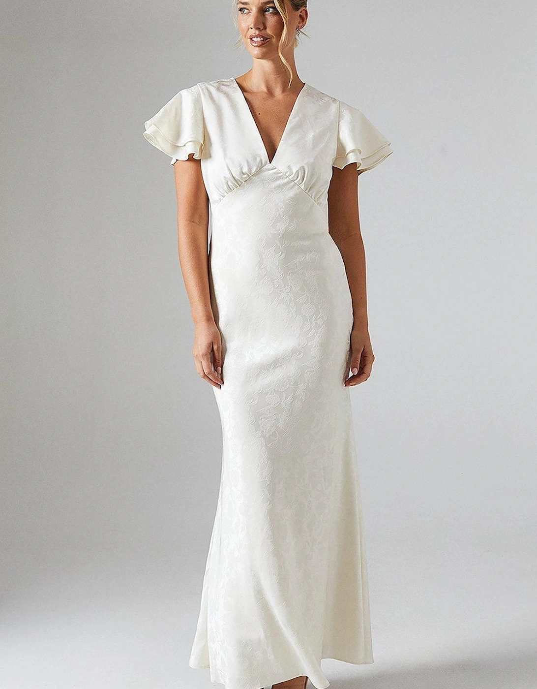 V Neck Angel Sleeve Satin Jacquard Bridesmaid Dress, 2 of 1