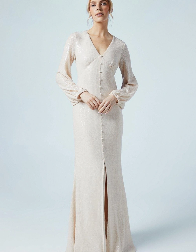 Blouson Sleeve V Neck Button Front Sequin Wedding Dress