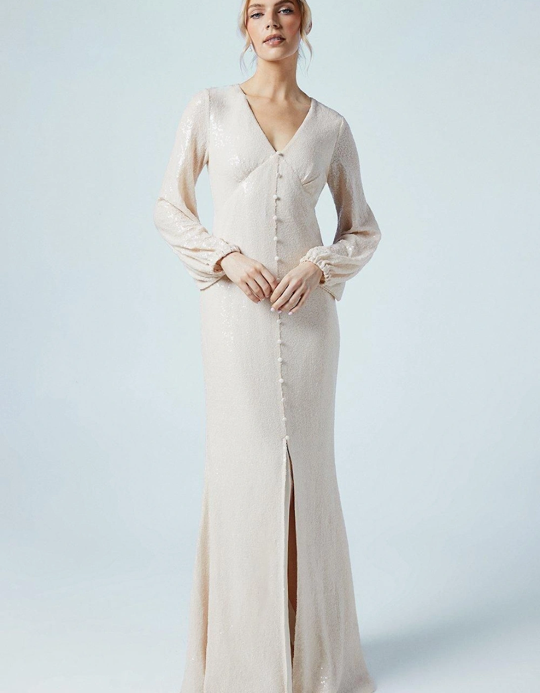 Blouson Sleeve V Neck Button Front Sequin Wedding Dress, 2 of 1