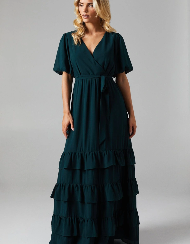 Petite V Neck Puff Sleeve Tiered Georgette Bridesmaid Dress