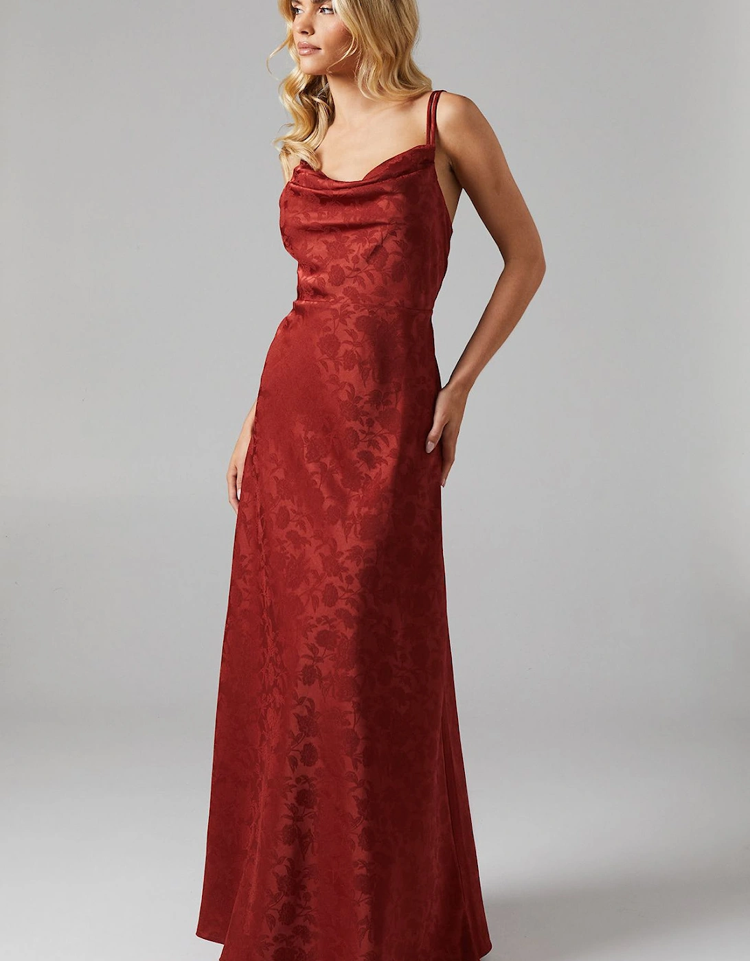 Petite Double Strap Cowl Neck Satin Jacquard Bridesmaid Midi Dress, 2 of 1