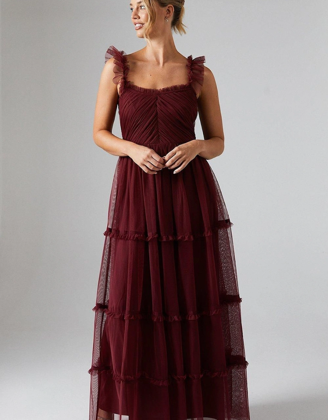 Flutter Sleeve Tiered Mesh Bridesmaid Dress, 2 of 1