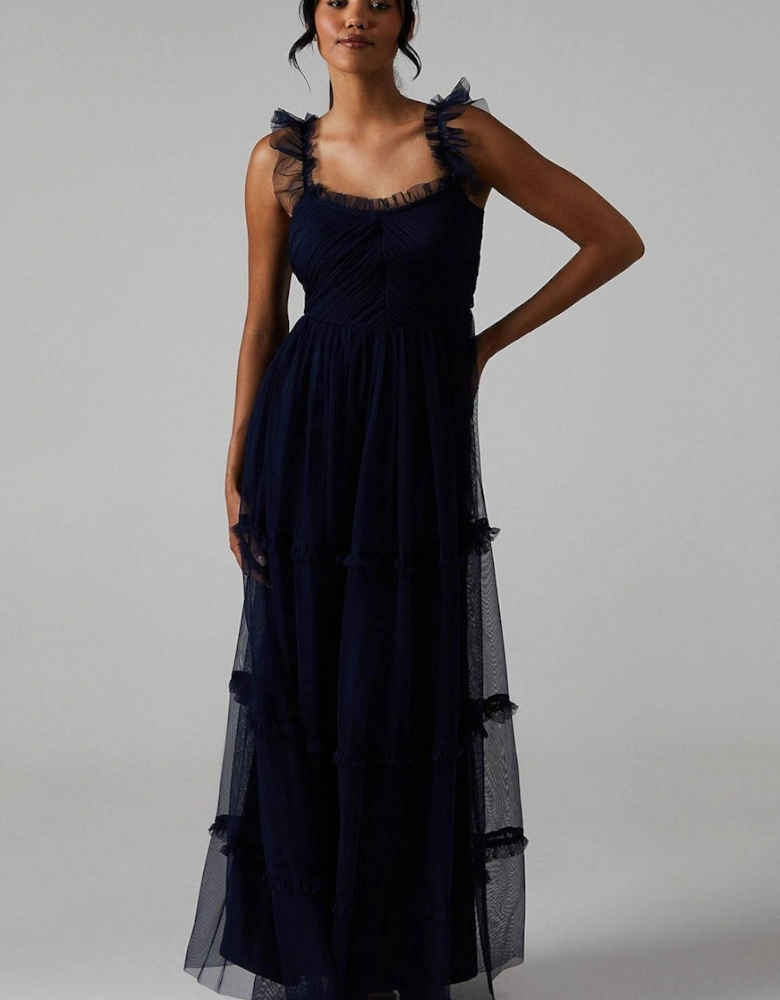 Flutter Sleeve Tiered Mesh Bridesmaid Dress