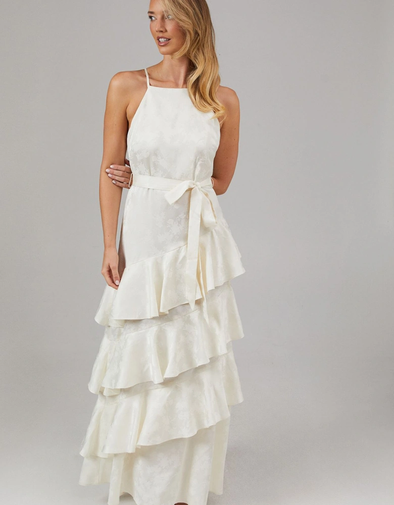 Satin Jacquard Ruffle Halter Neck Bridesmaid Dress