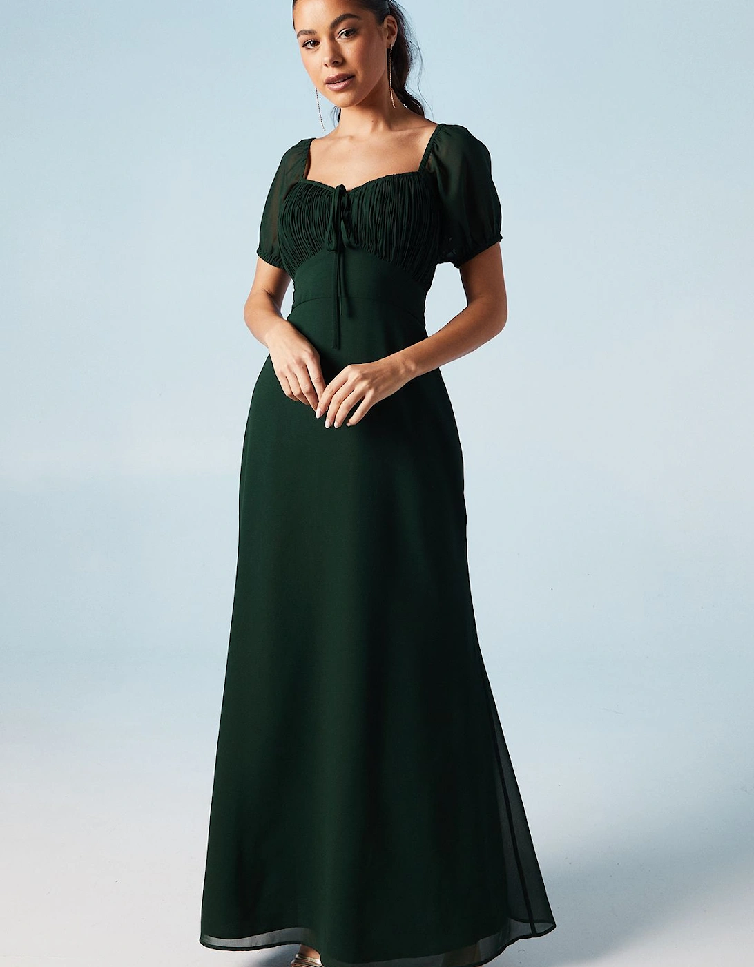 Ruched Bodice Puff Sleeve Chiffon Maxi Bridesmaid Dress, 2 of 1