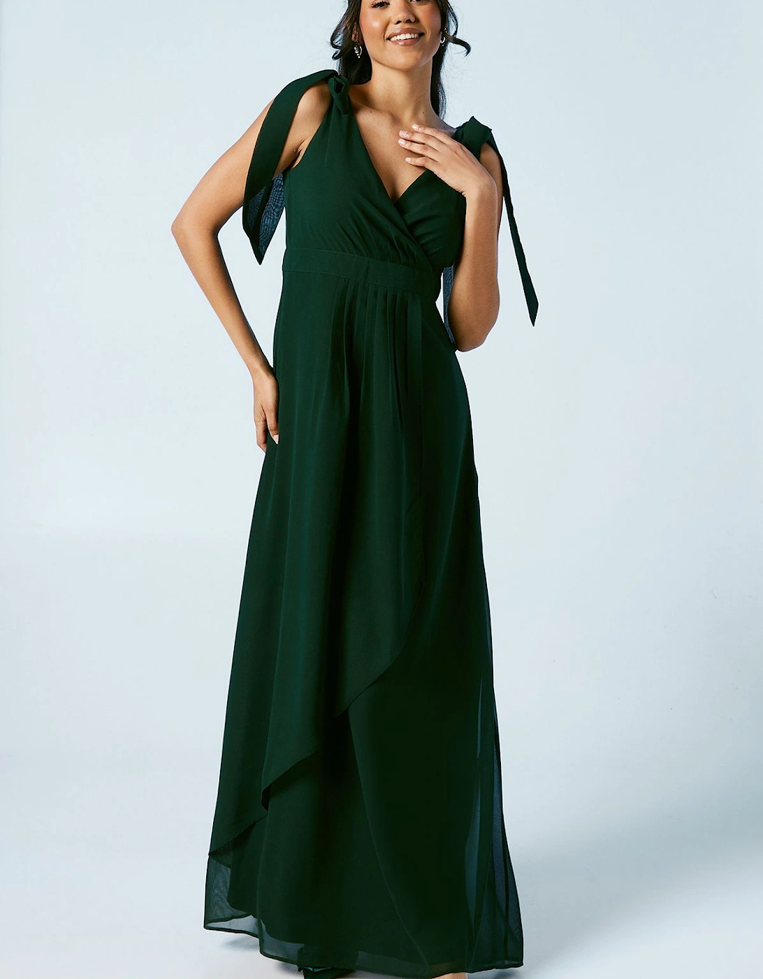 Tie Shoulder Waterfall Wrap Chiffon Bridesmaid Maxi Dress, 2 of 1
